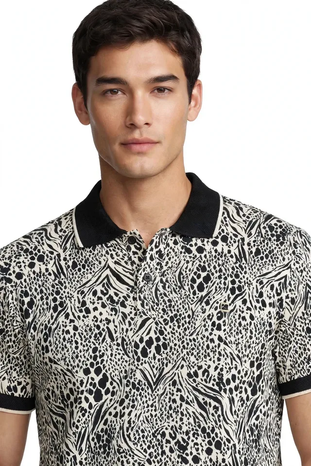 Avva Patterned Short Sleeve Polo Shirt - Cream and Black, photo 2