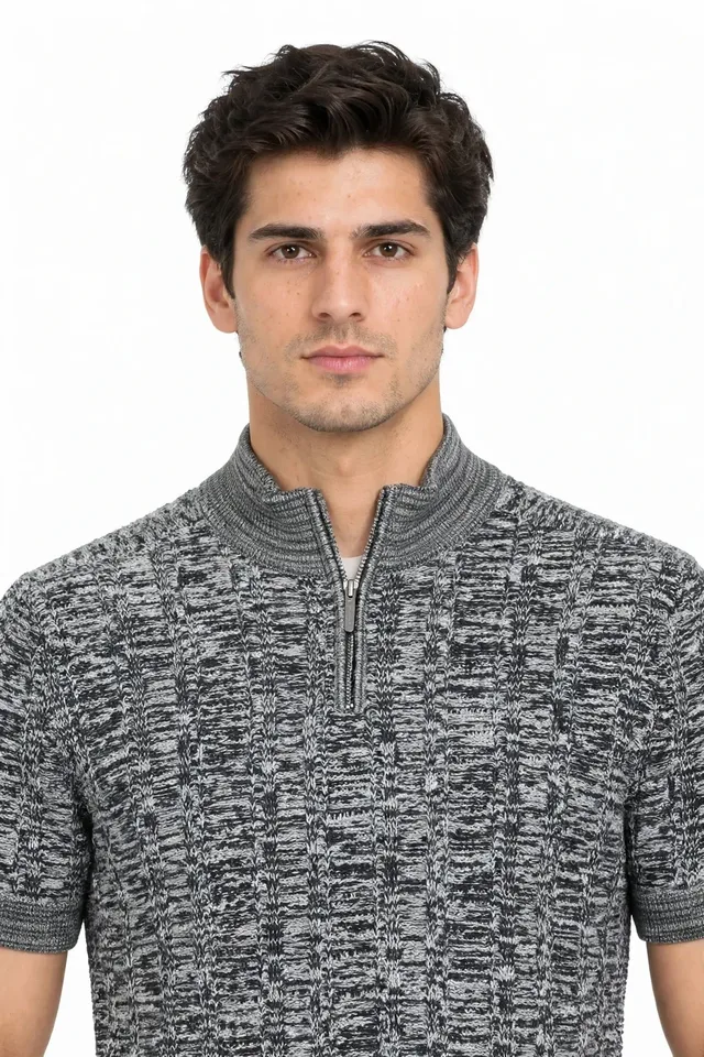 River Island Textured Knit Quarter-Zip Short Sleeve Polo Shirt - Grey Marl, photo 2