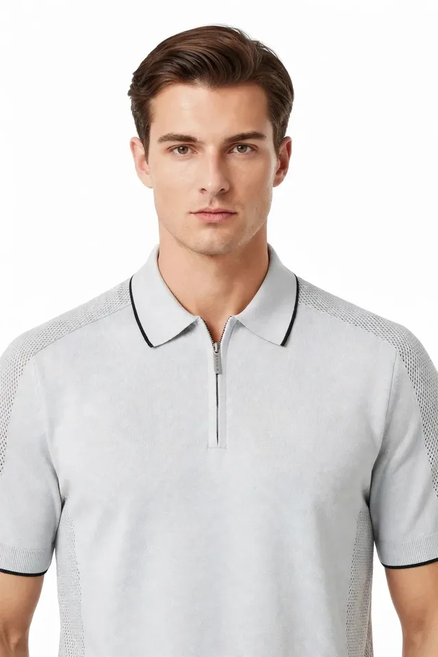 River Island Zip Neck Short Sleeve Knitted Polo Shirt - Light Grey, photo 2